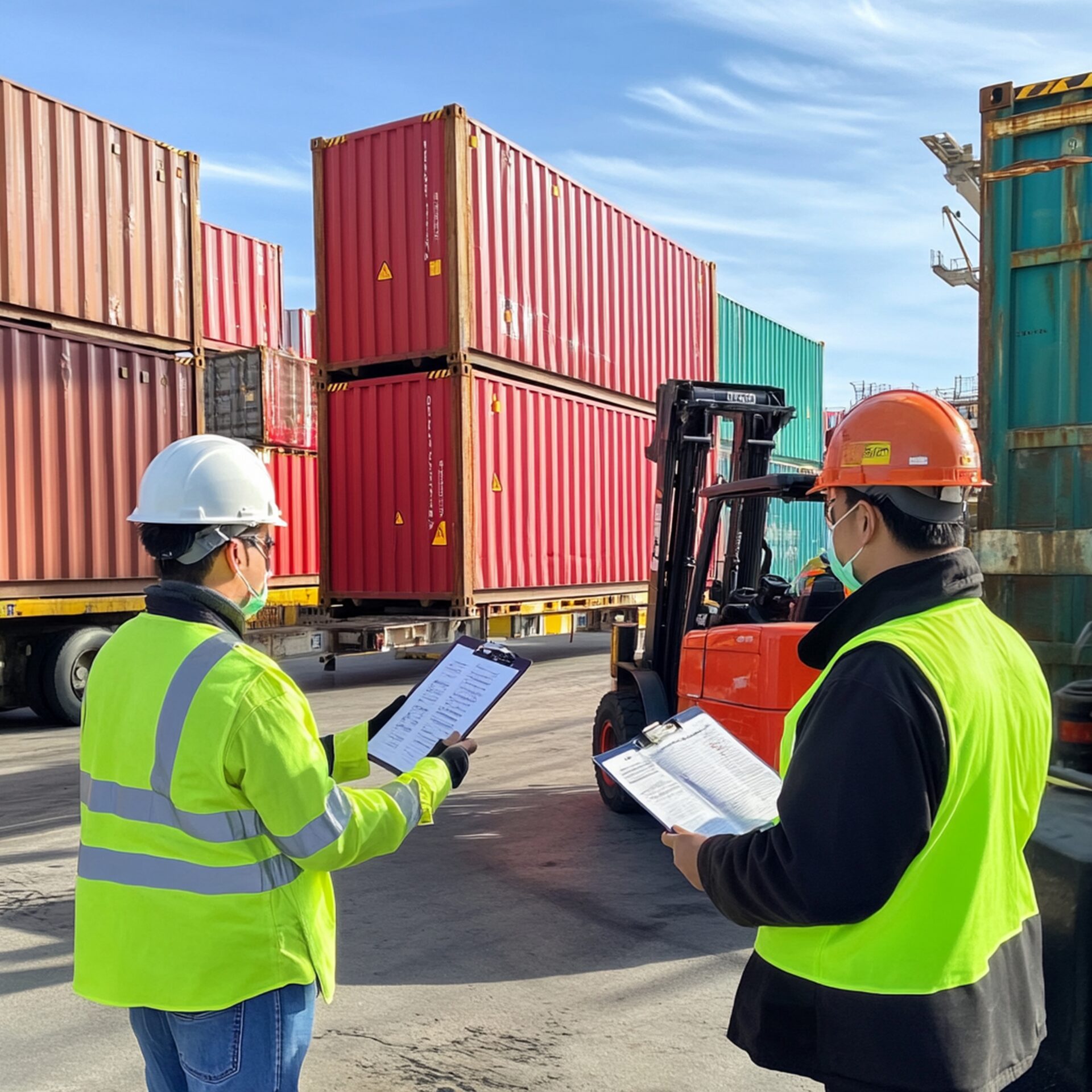 Foreman using smart mobile phone to control loading containers box. Engineer or worker with safety hat work at container cargo site and checking industrial container cargo freight ship